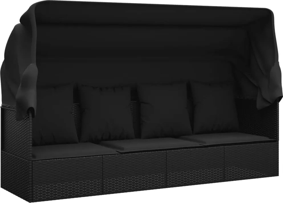 319569 vidaXL Градинско лаундж легло с покрив и възглавници черен полиратан