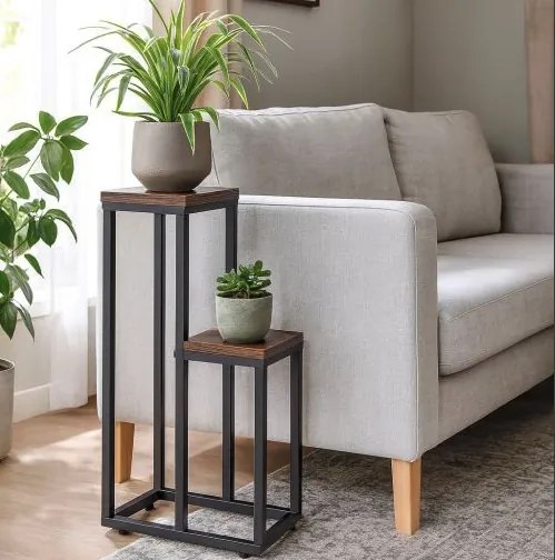 Стойка за цветя в таванско помещение - метална стойка за цветя с 2 рафта и дървен декор