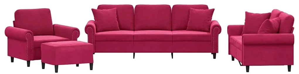 3202204 vidaXL Комплект дивани 4 части с възглавници, виненочервен, кадифе