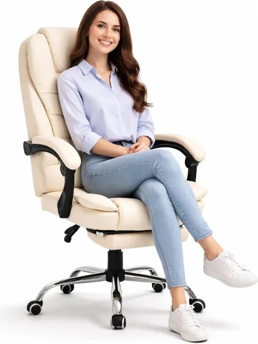 Офис стол BOSS с подложка за крака - кремава екокожа