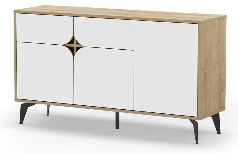 Нисък скрин с дъбов декор в бял и естествен цвят 140x79 cm Nola - Marckeric