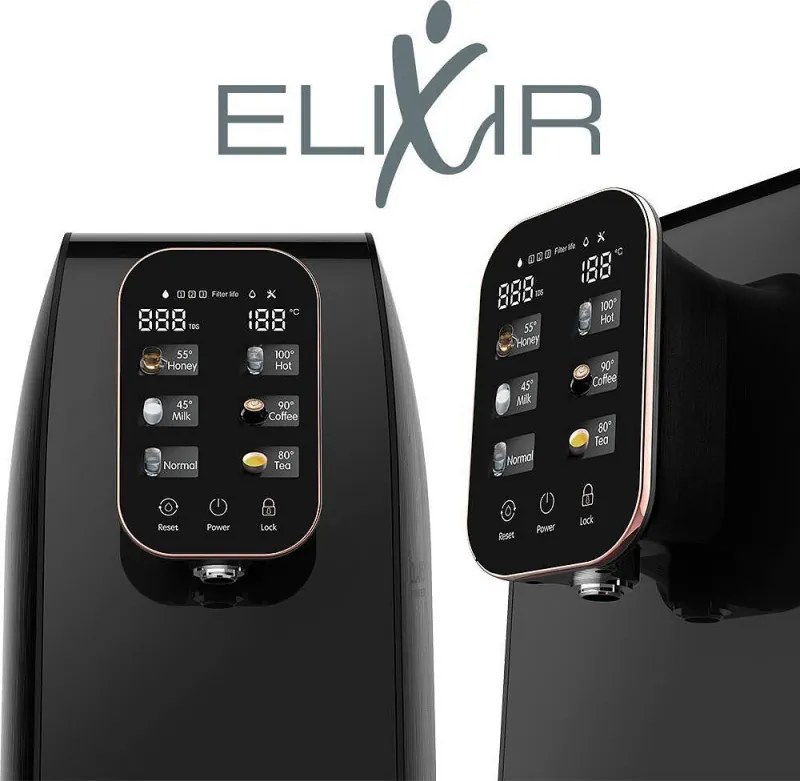 Диспенсър за пречистване и затопляне на чешмяна вода ELIXIR, 2100W, 38-99C, Обратна осмоза, Минерално обогатяване, Черен
