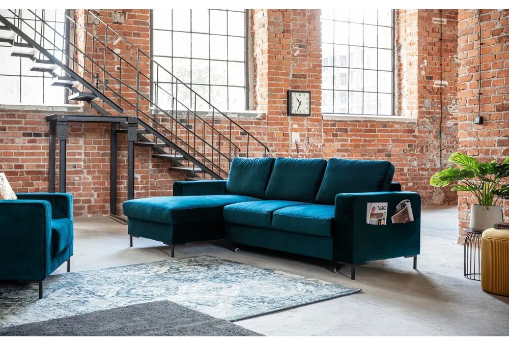 Кадифен разтегателен ъглов диван петролен (ляв ъгъл) Lofty Lilly – Miuform