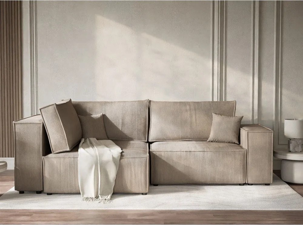 Бежов сгъваем/с място за съхранение ъглов диван от рипсено кадифе (ляв ъгъл/L форма) Tonga – Maison de Rêve