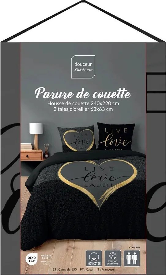 Черно двойно /удължено 3 части памучно спално бельо 240x220 cm Crazy Love – douceur d'intérieur
