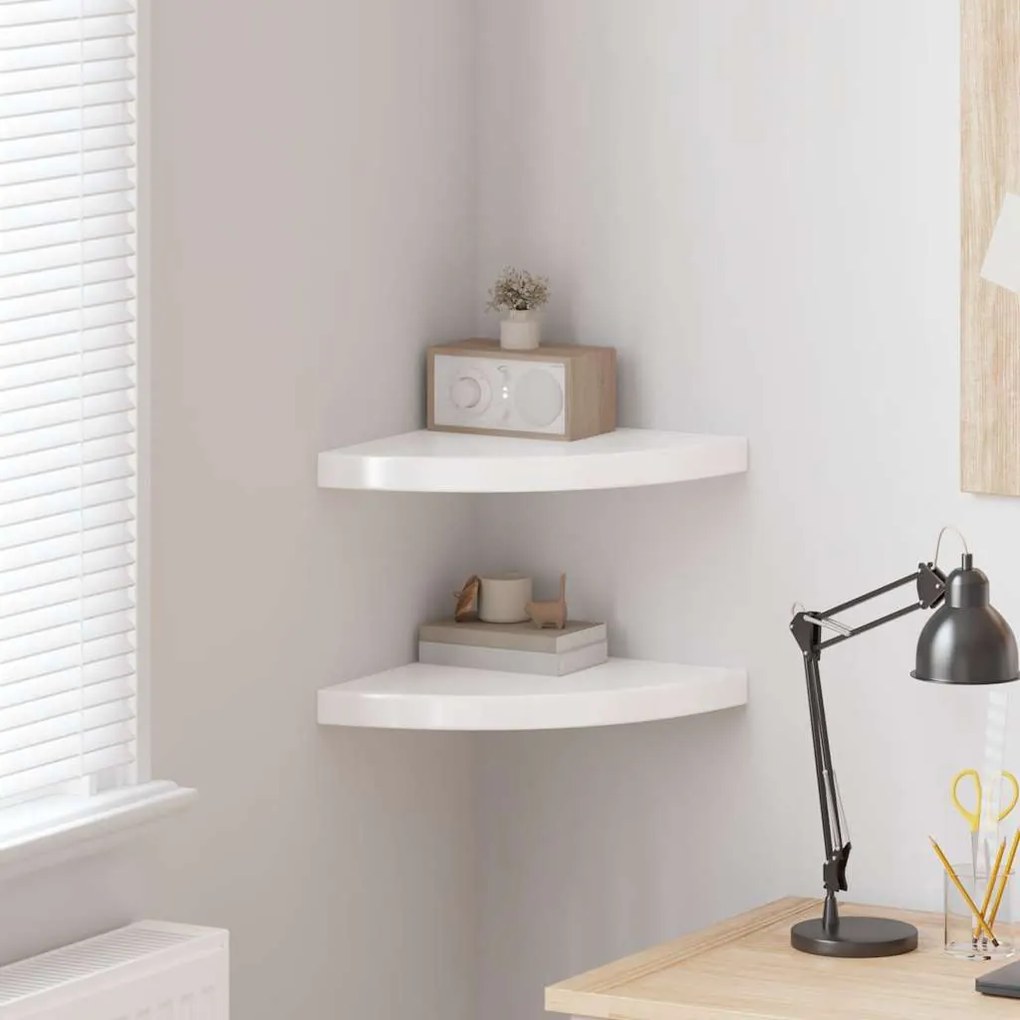 323908 vidaXL Окачени ъглови рафтове, 2 бр, бял гланц, 35x35x3,8 см, МДФ