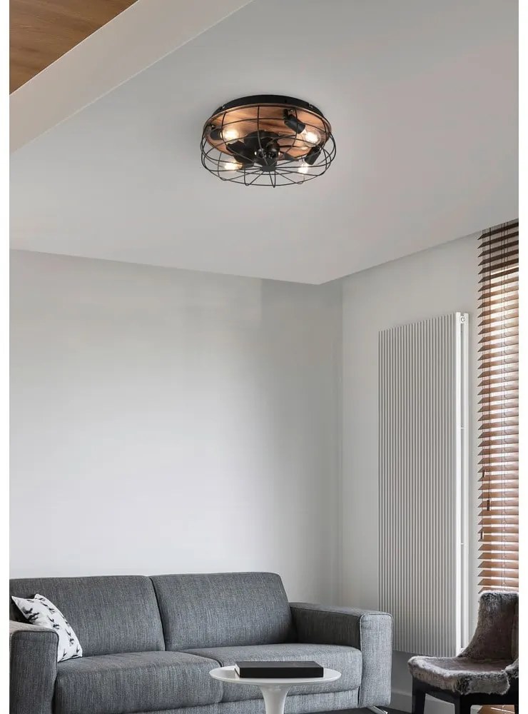 Матово черно/кафяво осветително тяло за таван с дистанционно управление/с вентилатор Trondheim – Reality