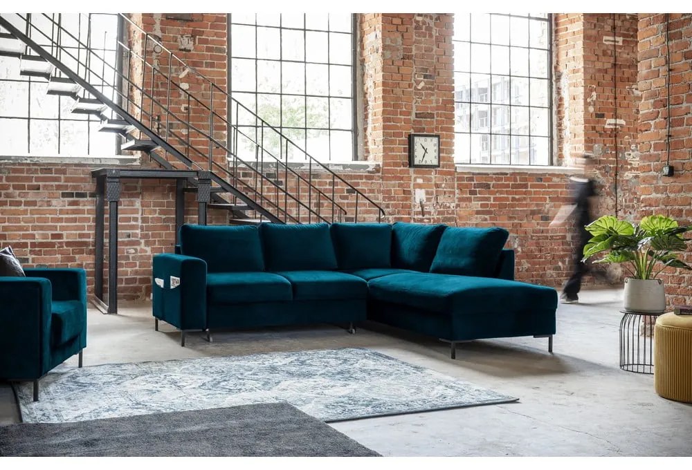 Тюркоаз кадифен разтегателен ъглов диван (десен ъгъл) Lofty Lilly – Miuform