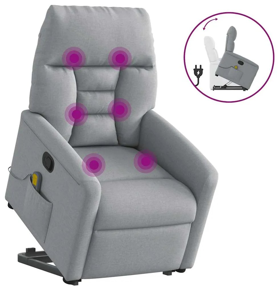 3303042 vidaXL Изправящ масажен реклайнер стол, светлосив, текстил