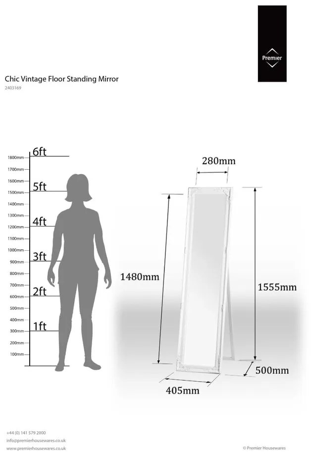 Подово огледало с дървена рамка 40x160 cm Chic - Premier Housewares