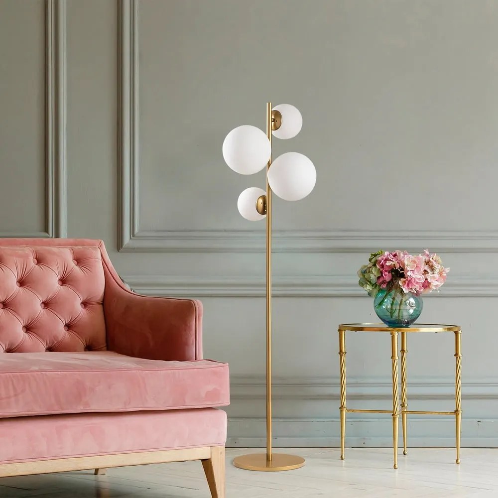 Бяла/в месингов цвят подова лампа със стъклен абажур (височина 162 cm) Fazli – Opviq lights