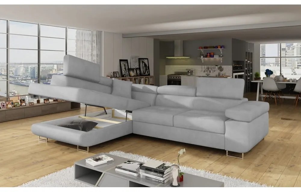 Светлосив кадифен разтегателен ъглов диван с място за съхранение (ляв ъгъл L форма) Anton – ELTAP