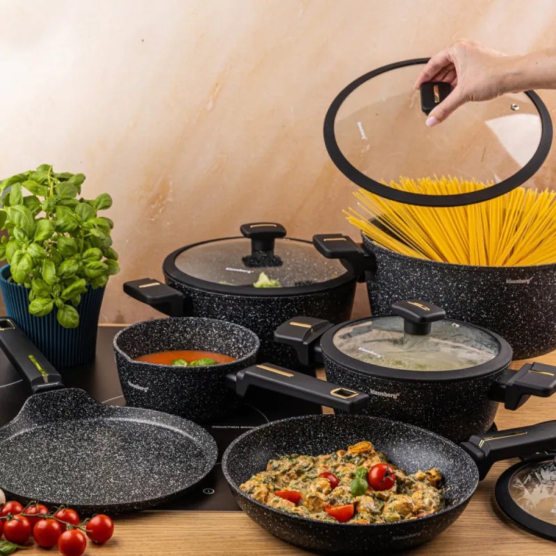 Комплект тенджери и тигани Klausberg KB 7966, 12 части, Отливка, Незалепващо мраморно покритие, Индукция, Черен