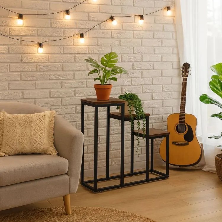 Стойка за цветя на тавана - 3-етажна метална стойка с дървени рафтове