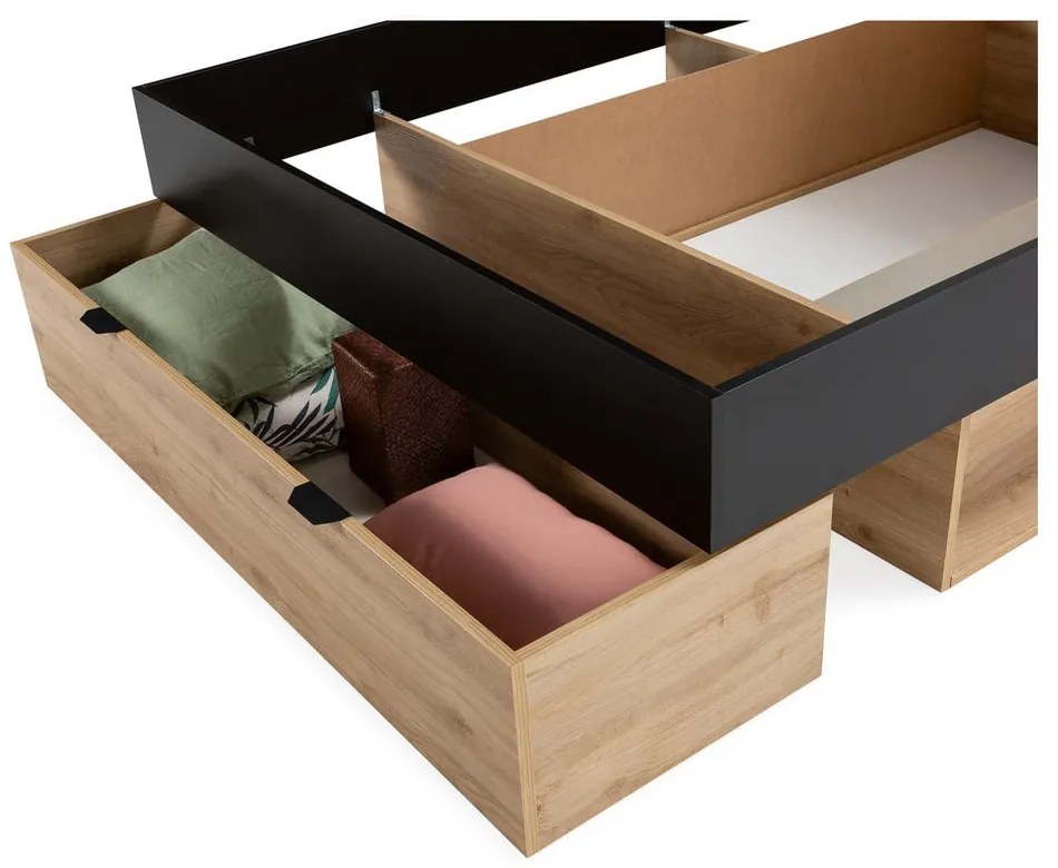 Черно-естествено двойно легло 160x200 cm от декор от дъб с място за съхранение без ламелно дъно Albo – Marckeric