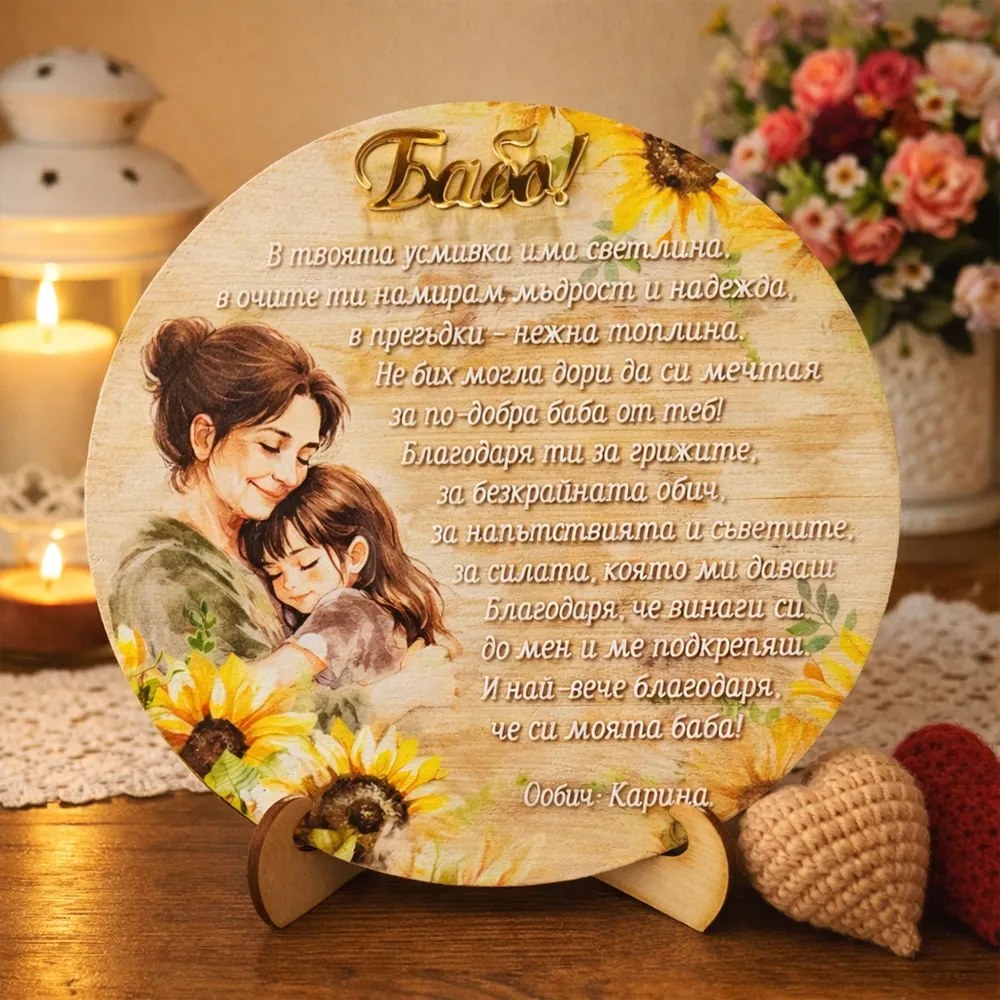 Нежно послание към баба - дървена табела със златен акцент