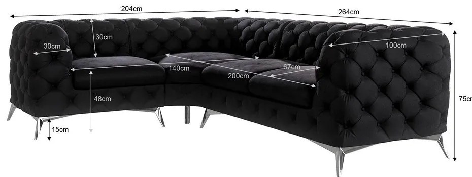 Черен кадифен ъглов диван (ляв ъгъл/L форма) Chelsea – Ropez