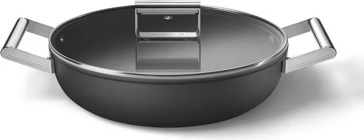Плитка тенджера с капак Smeg DPF2812BLM, 28 см, 4.3 л, Керамично незалепващо покритие, Фурна до 250C, Без PFAS, Индукция, Черен