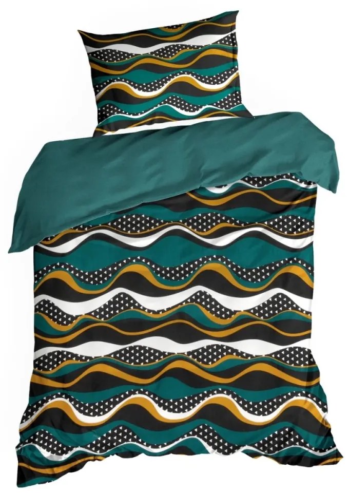 Спални чаршафи от памучен сатен - цвят петрол с геометрична шарка 3 части: 1 бр. 160x200 + 2 бр. 70x80