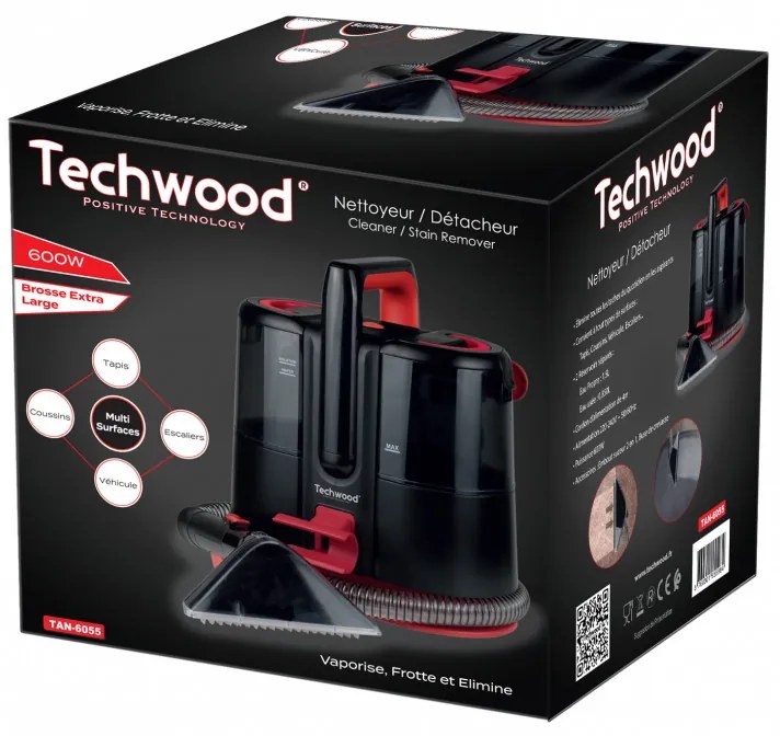 Прахосмукачка за пране на килими и тапицерия Techwood TAN-6055, 600W, Резервоар за чиста и отпадъчна вода, Черен/червен