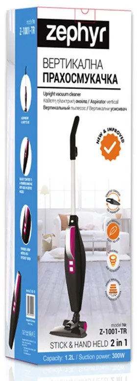 Вертикална и ръчна прахосмукачка ZEPHYR ZP 1001 TR, 800W, 1.2 л, Клас А, Контейнер, Черен/Розов