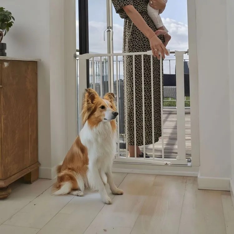 Предпазна преграда за деца и животни, Размери 74-132 см Регулируема ширина, Височина 77 см, Монтаж под налягане без пробиване