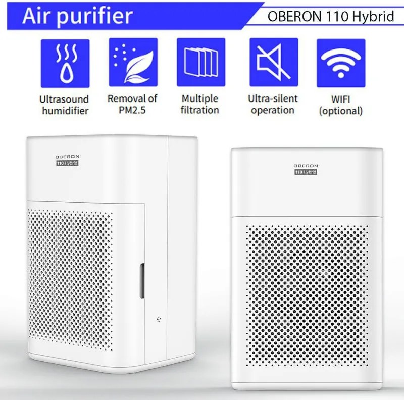 Пречиствател за въздух и овлажнител 2в1 Oberon 110 HYBRID, 21W, За до 15 м2, 110 м³/ч, Wi-Fi, 3 скорости, Карбонов филтър, Нощен режим, Таймер, Бял