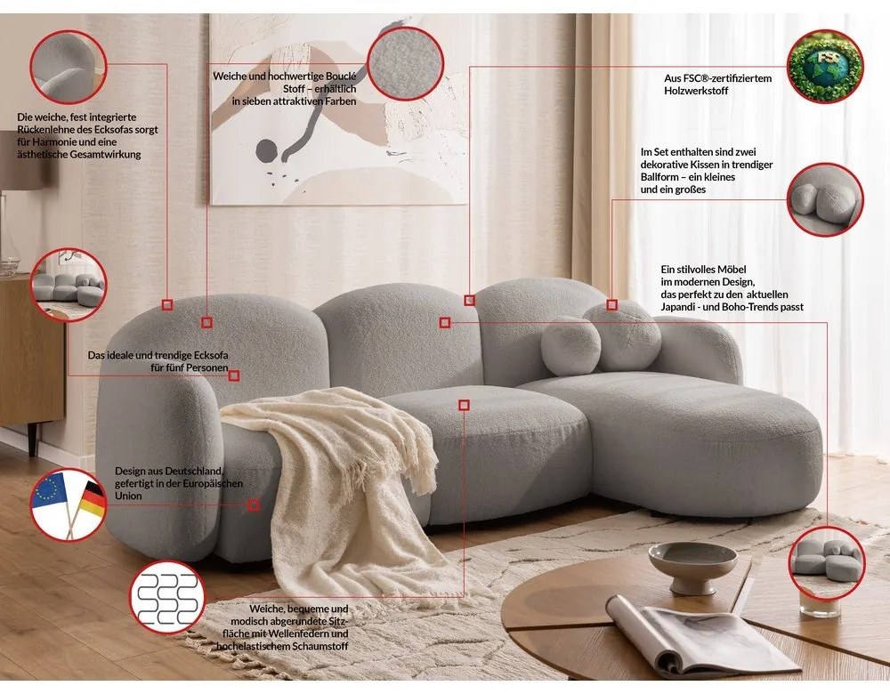 Сив ъглов диван от букле (десен ъгъл) Orbit – Ropez