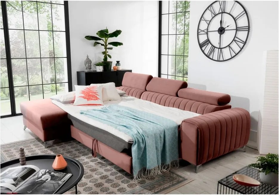 Розов кадифен разтегателен ъглов диван с място за съхранение (ляв ъгъл) Grayson – ELTAP