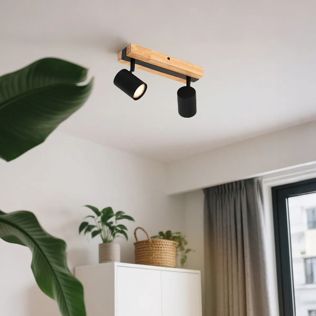 Таванна лампа черна с дърво 2-светлина регулируема правоъгълна - Jeana