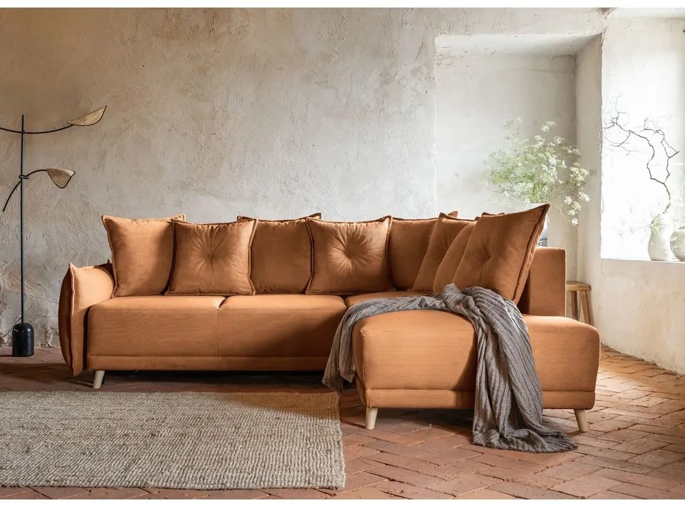 Ъглов разтегателен диван от велур в тухлен цвят (десен ъгъл) Lazy Lukka - Miuform