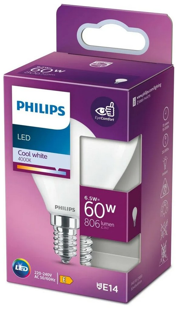 LED крушка Philips E14 6,5 W 806 lm (4000 K) (Ø 4,5 x 8 cm)