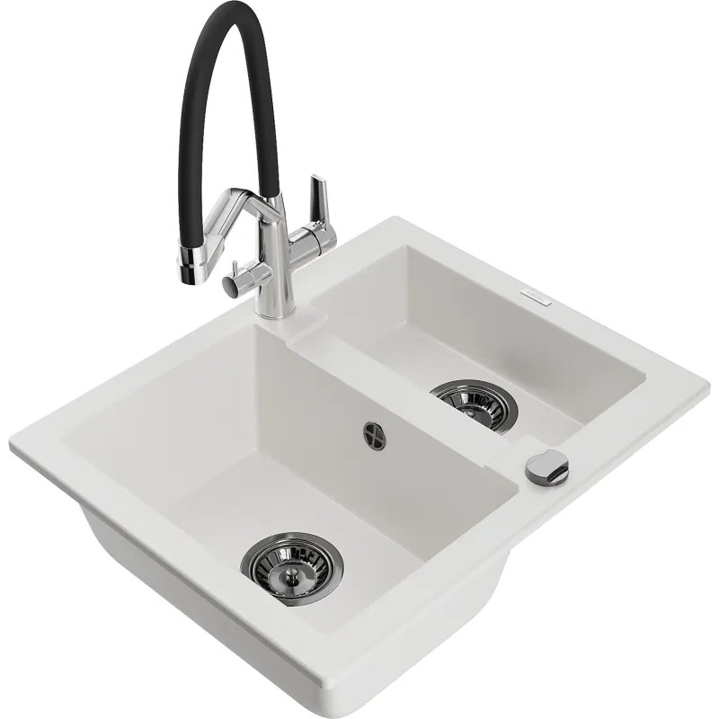 Mexen Carlos гранитна мивка с 1,5 отделения с кухненски смесител Duo, бяла
