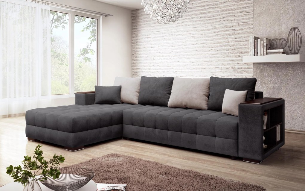 Разтегателен ъглов диван с подлакътник етажерка Мелвин Спринг