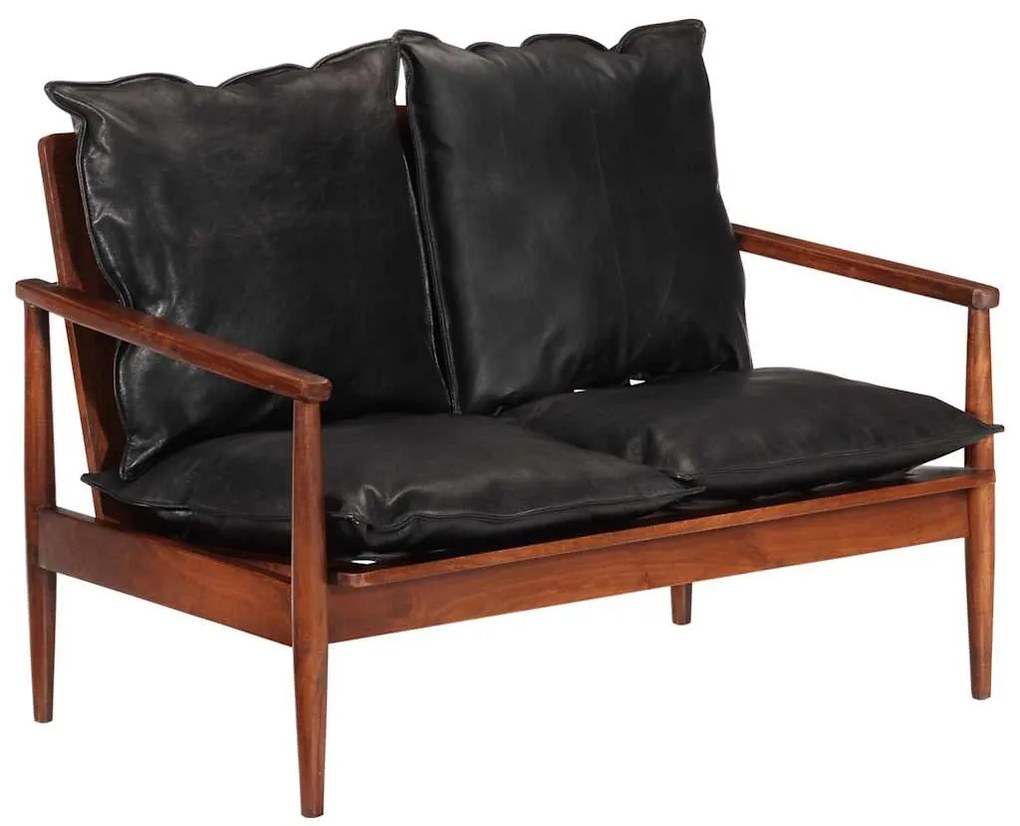 340924 vidaXL 2-местен диван, черен, естествена кожа и акациево дърво масив