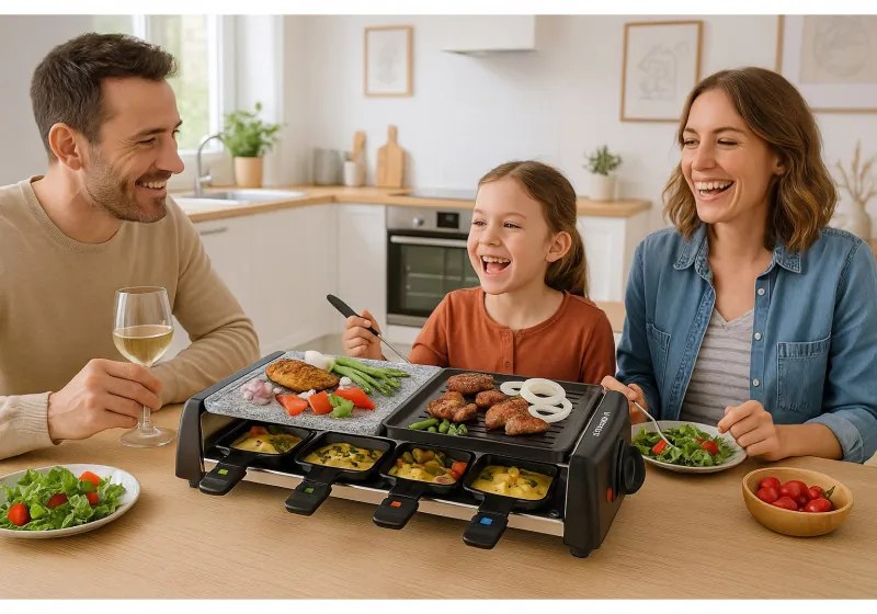 Раклет и грил Techwood TRGP-896, 1200W, Термостат, 8 мини раклета, Двойна защита, Черен