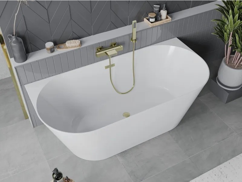 Mexen Oval Slim свободно стояща вана срещу стена 170 x 80 см, бяла, преливник златист четков - 52661708000-55