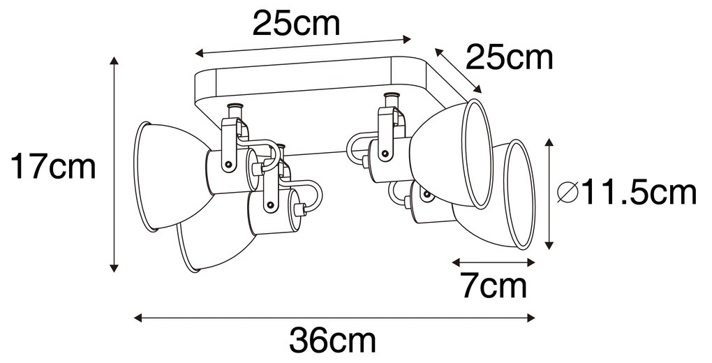 Индустриален прожектор черен с дърво наклоняем 4-светлина - Tommy