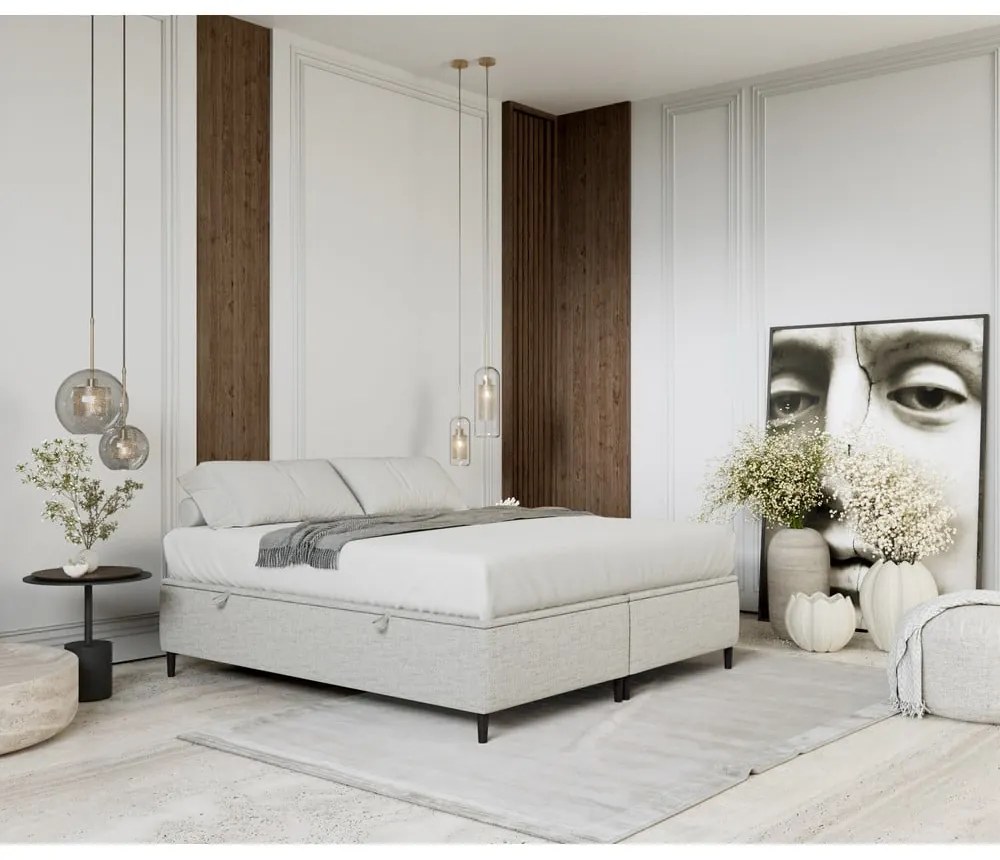 Светлосиво тапициранo двойно легло с място за съхранение 180x200 cm Tate – Maison de Rêve