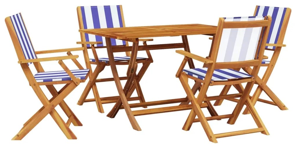 3281705 vidaXL Градински трапезен комплект, 5 части, син и бял, плат и масив