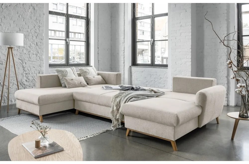 Бежов разтегателен диван в буквата "U", ляв ъгъл Scandic Lagom - Miuform