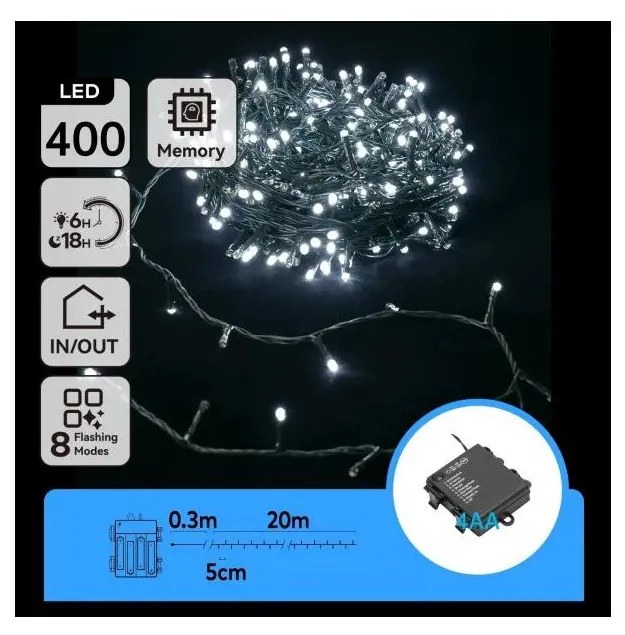 Aigostar - LED външен коледен гирлянд 400xLED/8 функции 4xAA 20,3 m студено бяло