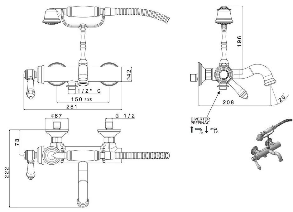 Стенна батерия за вана в лъскаво-сребрист цвят (2 изхода) Vienna – Sapho