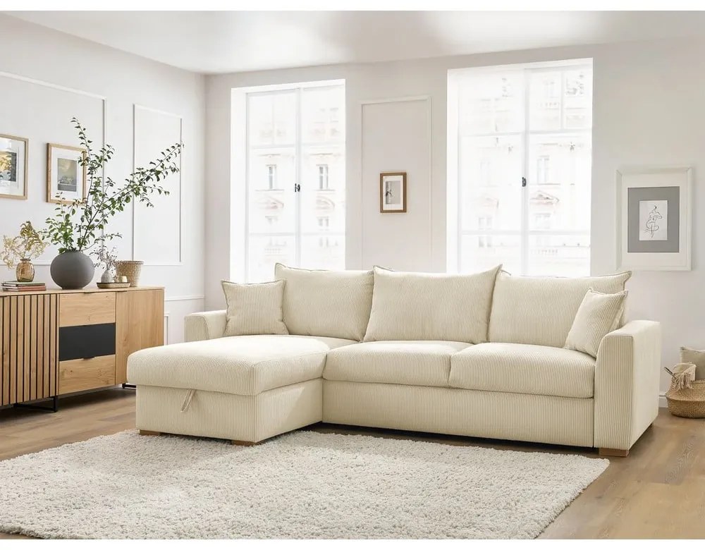 Кремав разтегателен ъглов диван от рипсено кадифе (променлив) Augustin – Bobochic Paris