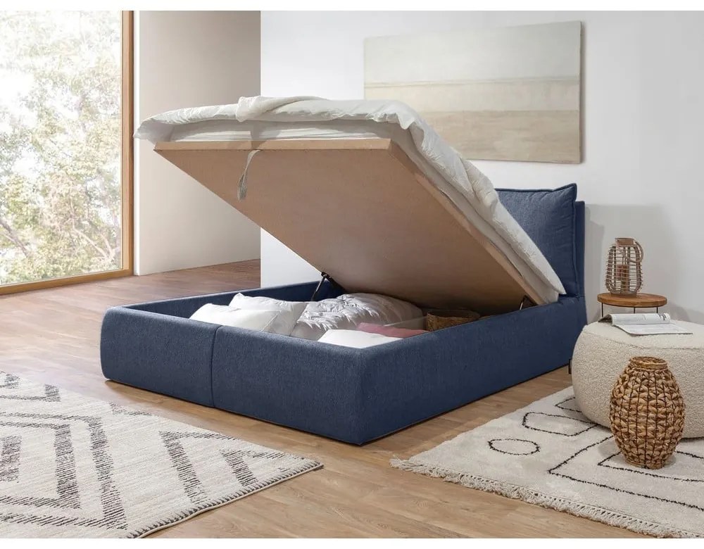 Тъмносиньо двойно тапицирано легло с място за съхранение с включена подматрачна рамка 180x200 cm Garance – Bobochic Paris
