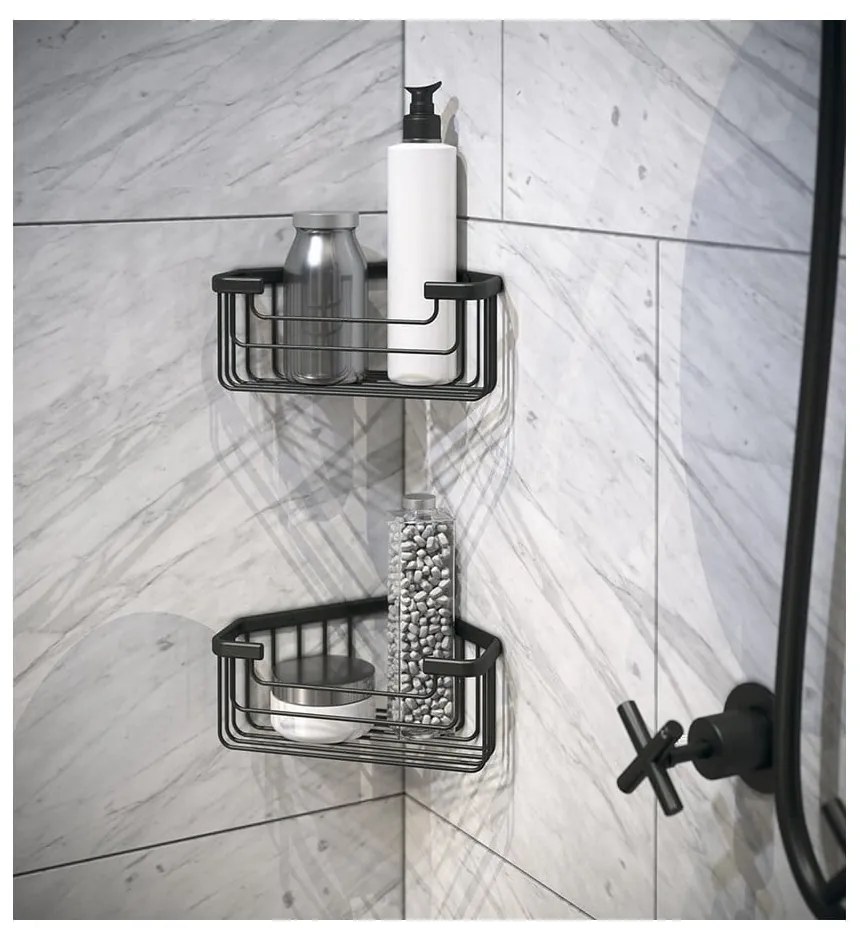 Черен ъглов стенен рафт за баня от неръждаема стомана Gedy Smart – Sapho