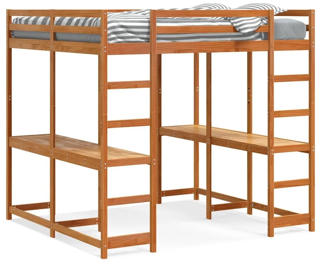 3284232 vidaXL Таванско легло с бюро и стълба восъчнокафяво 180x200 см