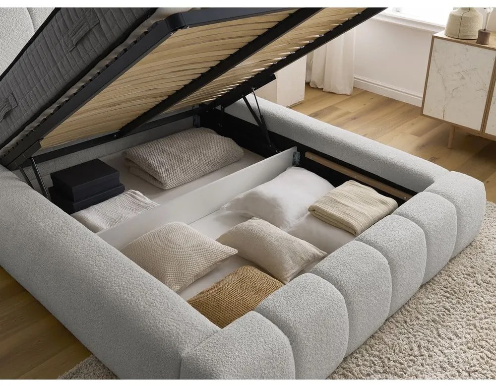 Светлосиво двойно тапицирано легло с място за съхранение с включена подматрачна рамка 160x200 cm Denali – Bobochic Paris