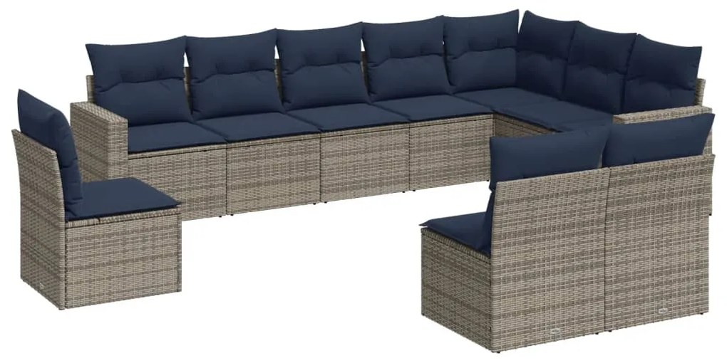3251448 vidaXL Градински диван с възглавници, 10 части, полиратан, сив