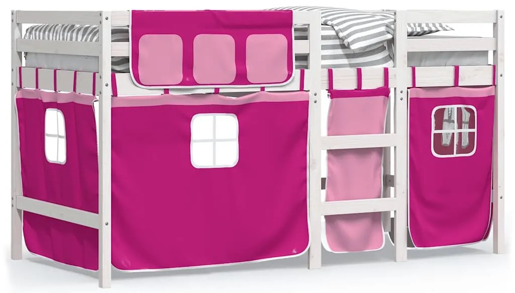 3283831 vidaXL Детско високо легло със завеси розово 90x190 см бор масив